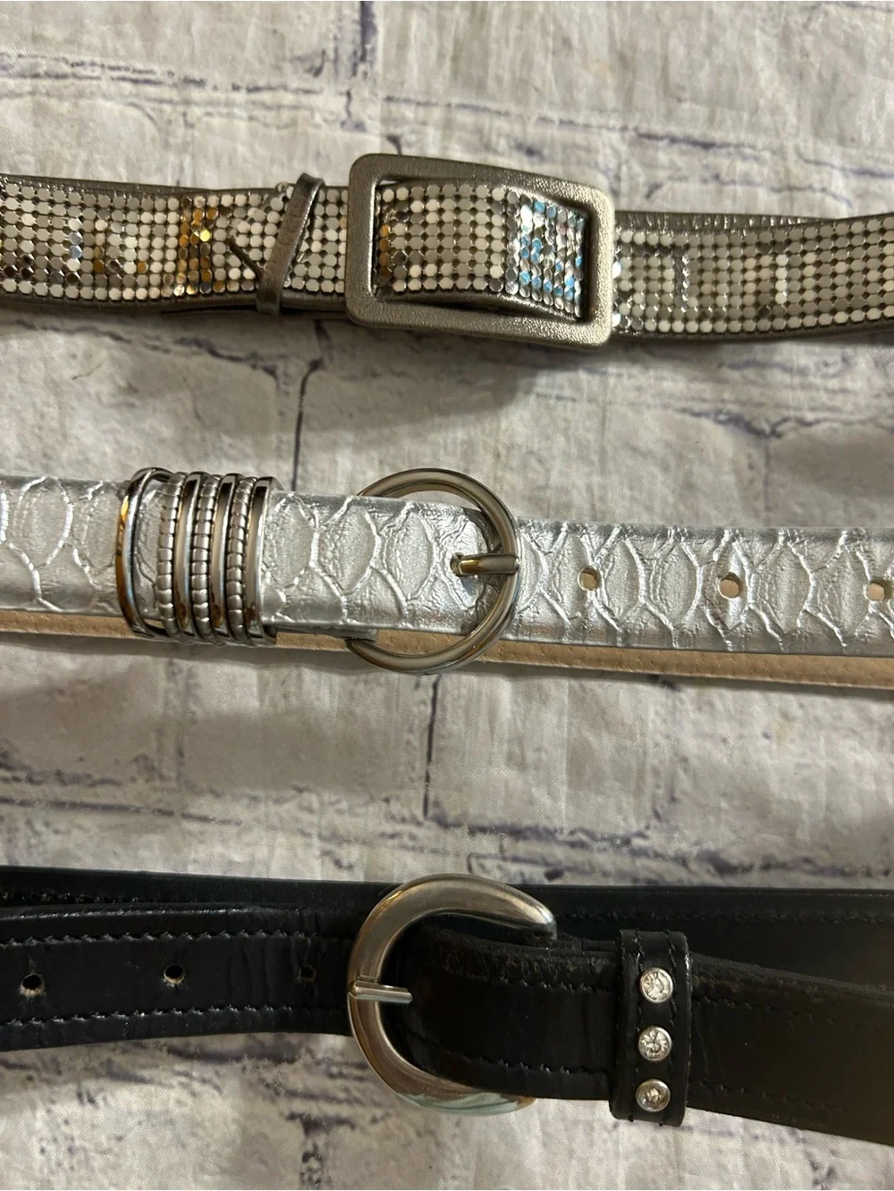 LOT OF (3) EMBELLISHED SILVER PRINT DETAILS RHINESTONES SEQUINS & CROC BELTS